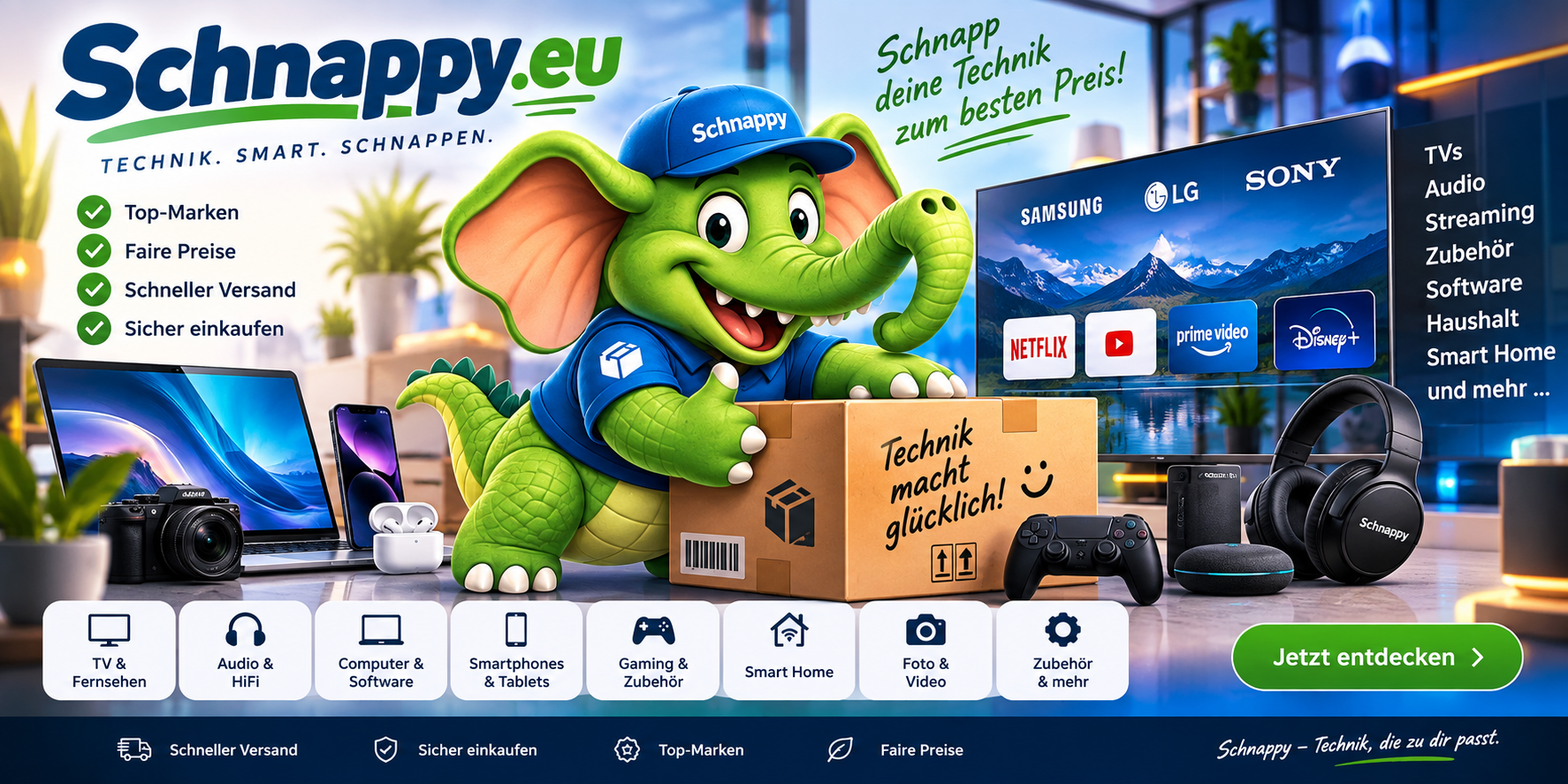 Schnappy Elektronik Shop für TV, Audio, Computer, Smartphones, Gaming, Smart Home, Foto und Zubehör